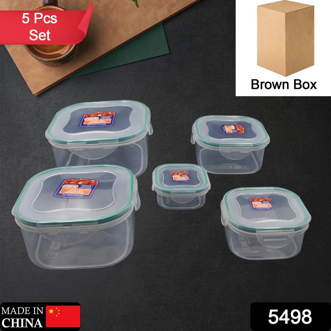 Plastic kitchen containers set, snap-seal, 5 pieces.