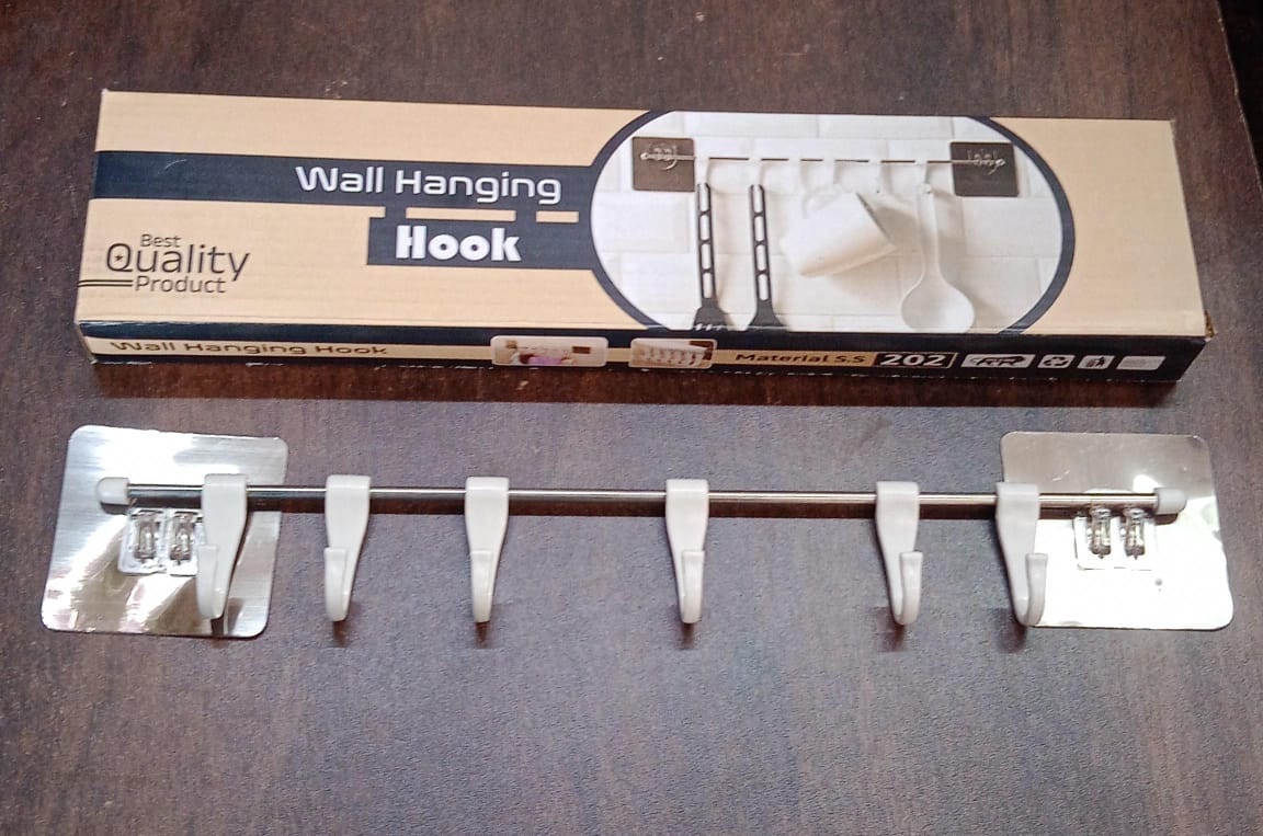 Stainless Steel Utensil Hanger Rail Nail Free Wall Mount with 2 Magic Stickers & 6 Plastic Hooks For Kitchen - Shopmania Wholesale