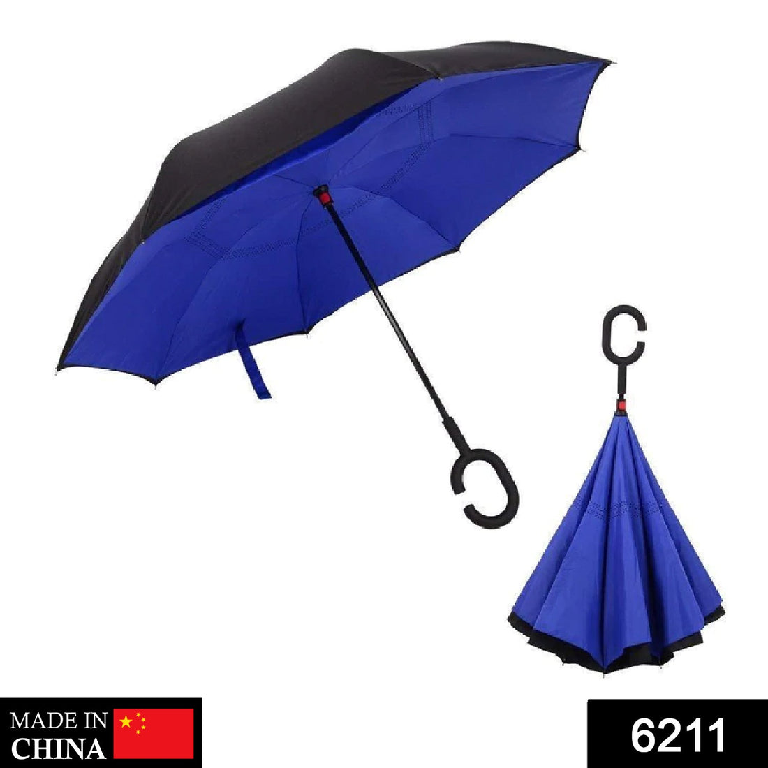 Plain design reverse umbrella with a windproof structure and C-shaped handle.