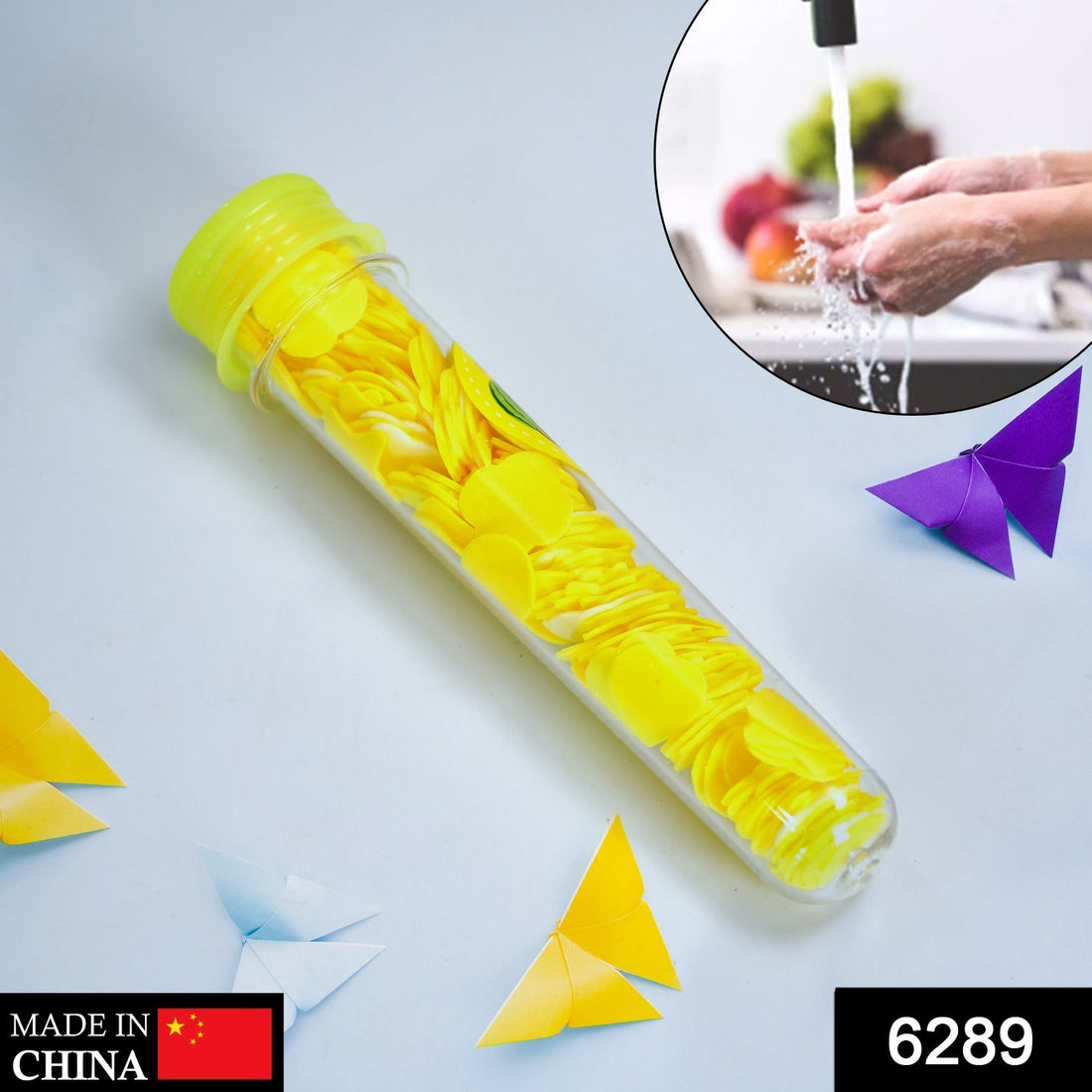 Flower-shaped paper soap strips in a test tube for portable hand washing