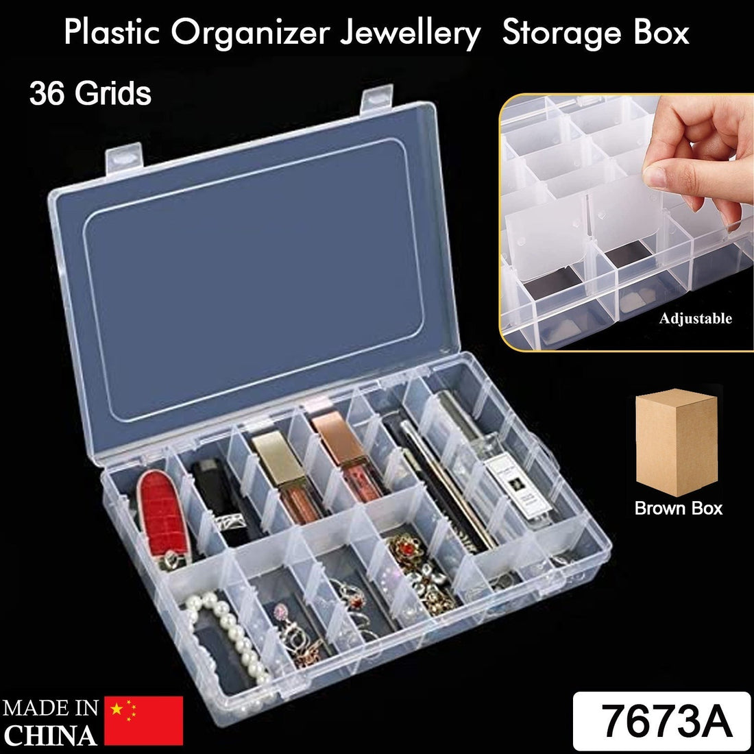 Clear plastic organizer with 36 grids and adjustable dividers