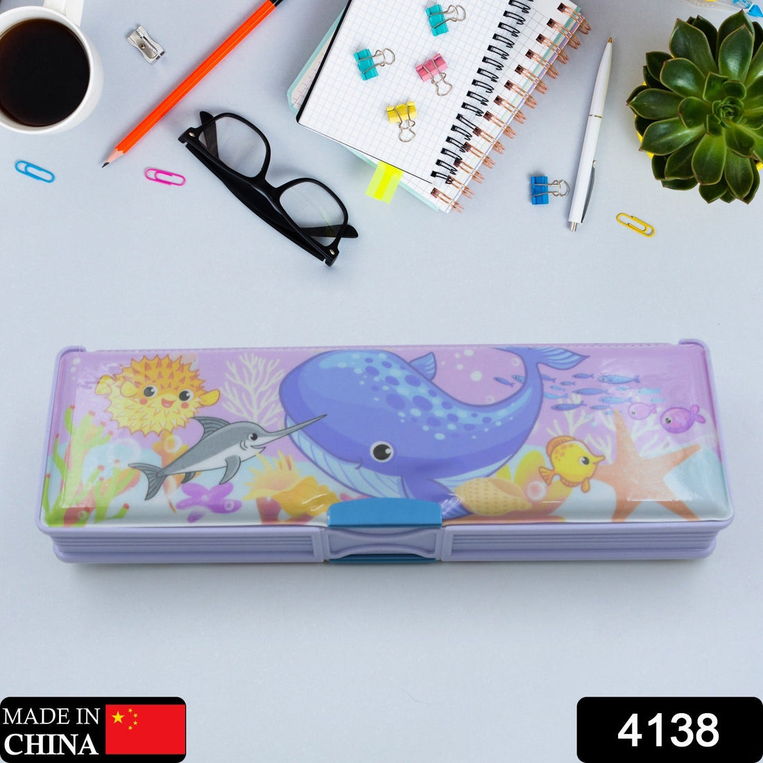 Cartoon-printed plastic pencil case with double compartments