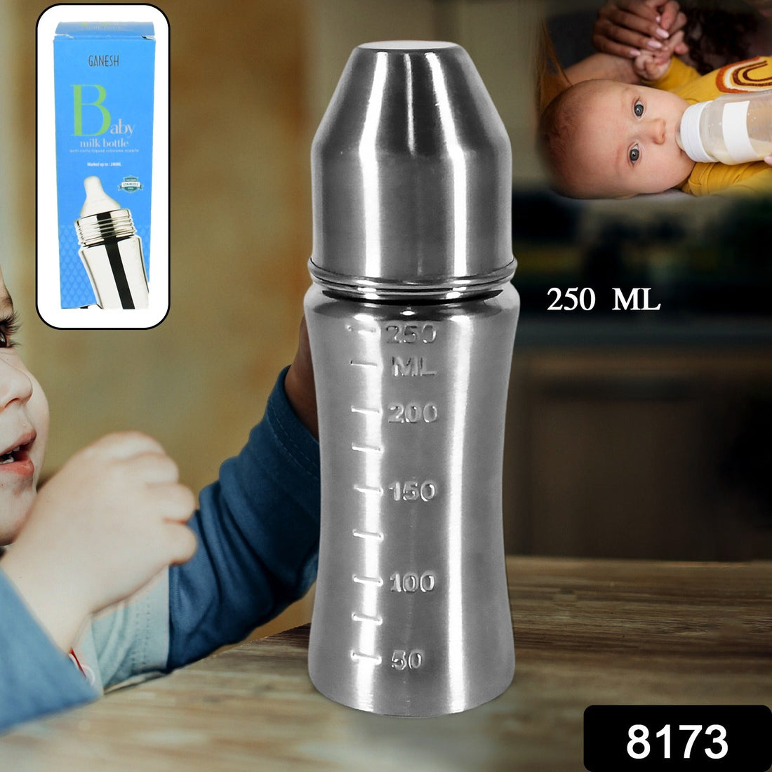 Ganesh Stainless Steel Baby Feeding Bottle, Milk Bottle for New Born / Infants / Toddler Up to 3 Years, BFA Free (250 ML Approx) - Shopmania Wholesale