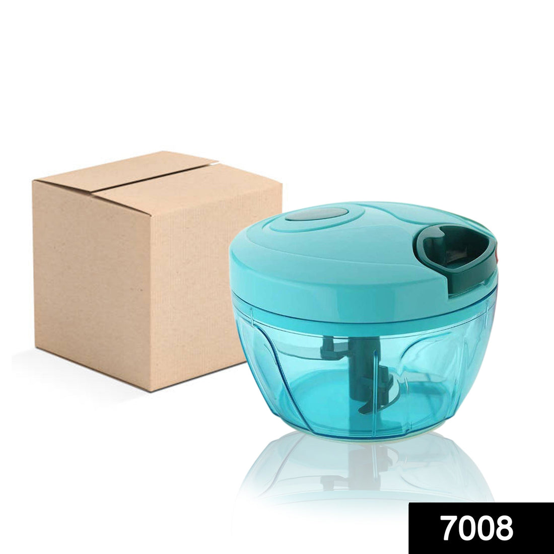 Compact hand-held vegetable chopper with stainless steel blades.