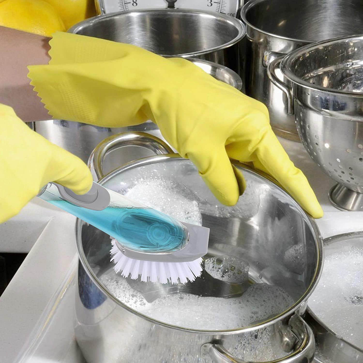 Home & Kitchen Cleaning Brushes, Scrubber, Soap Dispenser Scrub Brush for Pans Pots and Bathtub Sink (2 In 1) your brand
