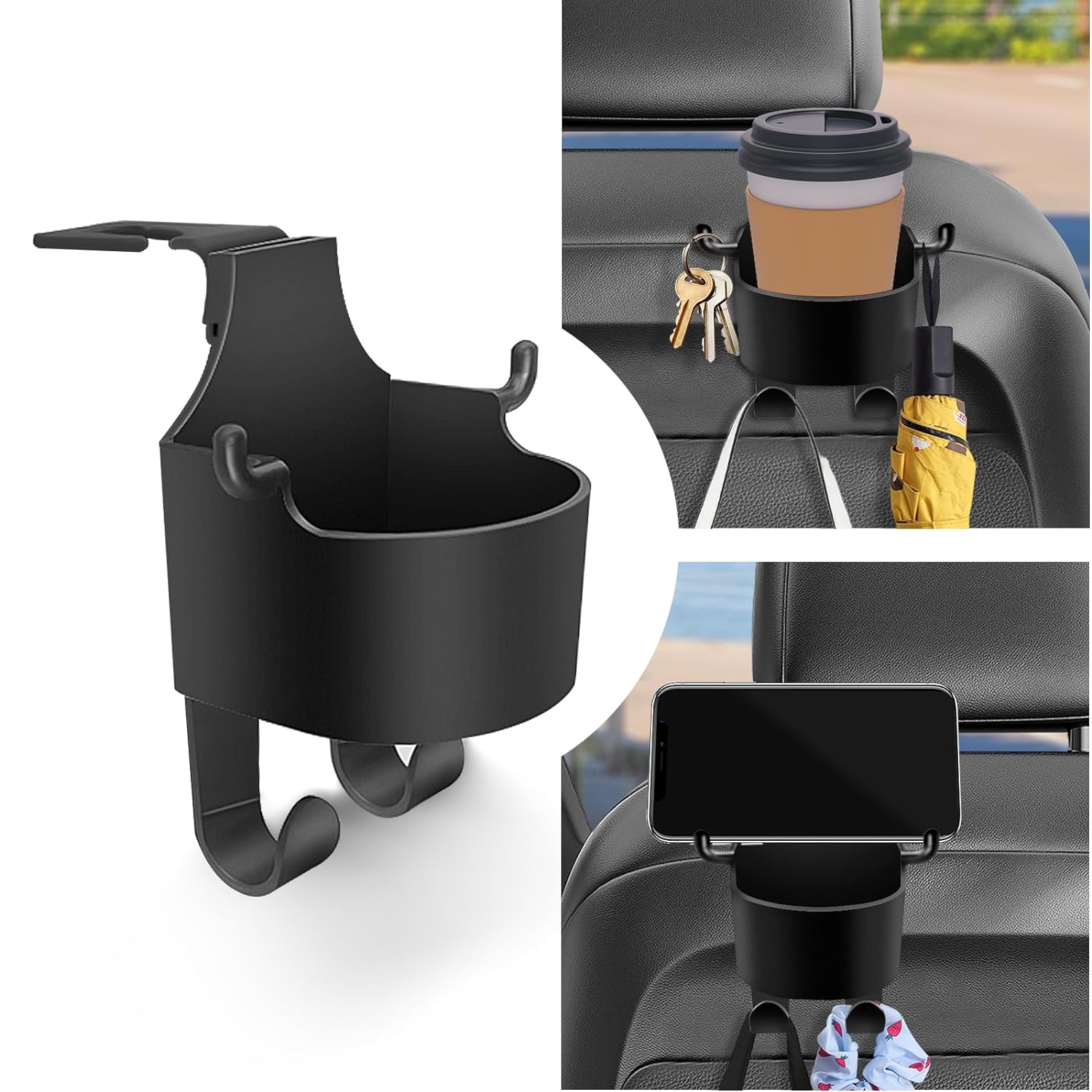 Car Headrest Backseat Organizer, 3 in 1 Automotive Cell Phone Drink cupholder Adapter with Headrest Hooks for Kids and Adults, Multifunctional Storage for Car Travel Accessories - Shopmania Wholesale