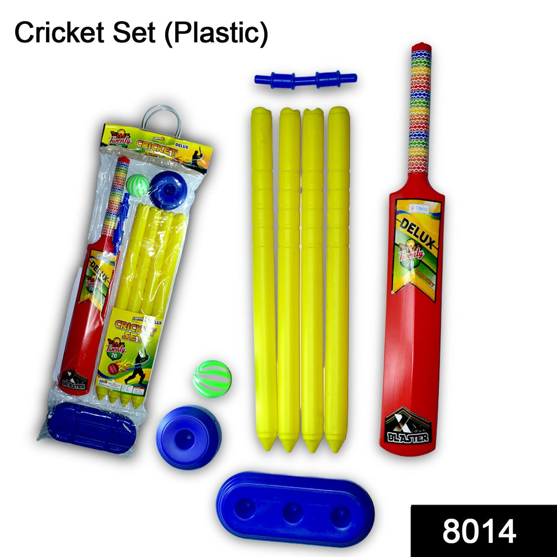 Plastic cricket set with bat, ball, and stumps