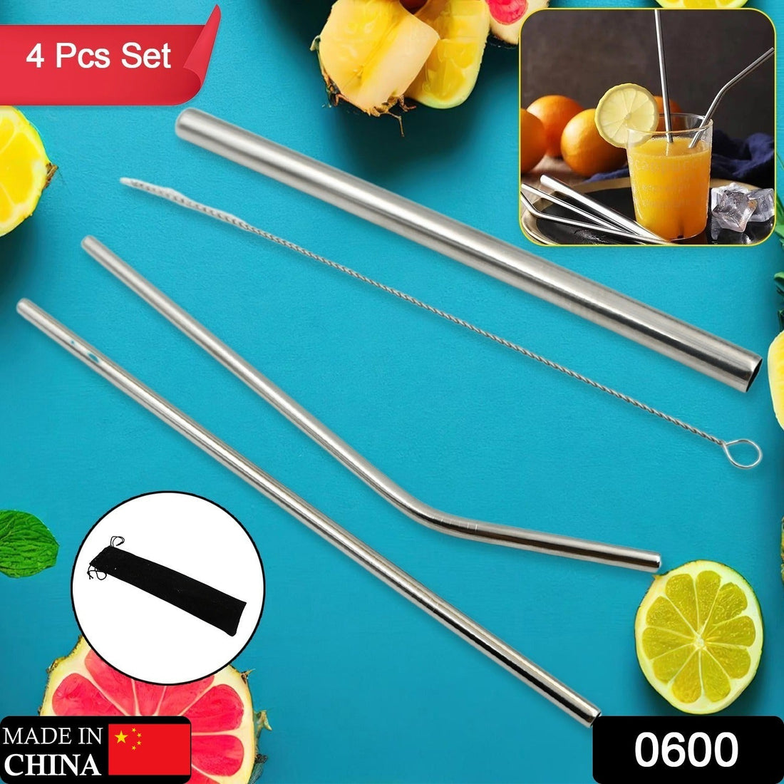 Reusable Stainless Steel Straws with Travel Case Cleaning Brush Eco Friendly Extra Long Metal Straws Drinking Set of 4 (2 Straight straws, 1 Bent straws, 1 Brush) your brand