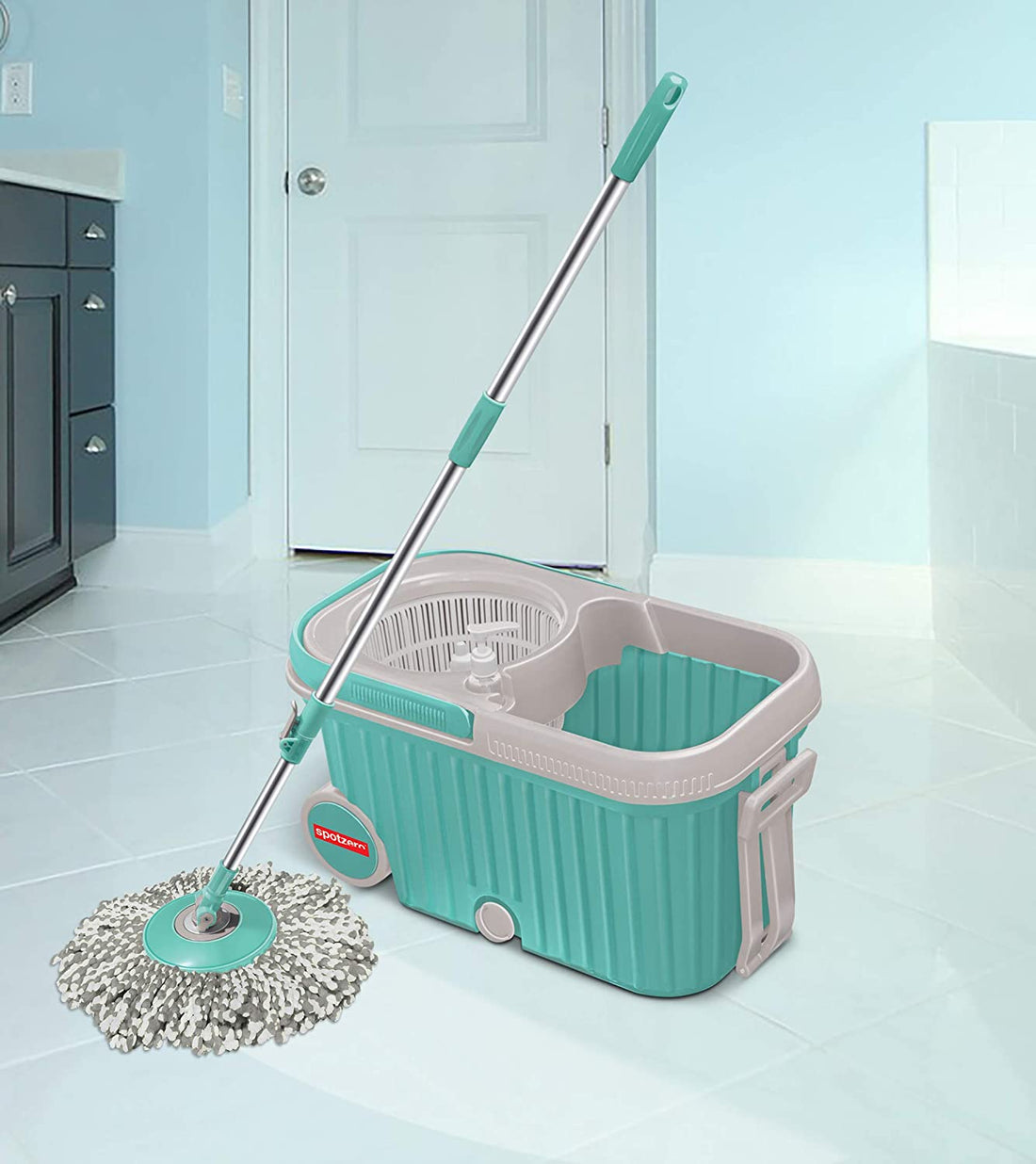 Spin mop with bigger wheels and plastic auto-fold handle, shown from various angles.