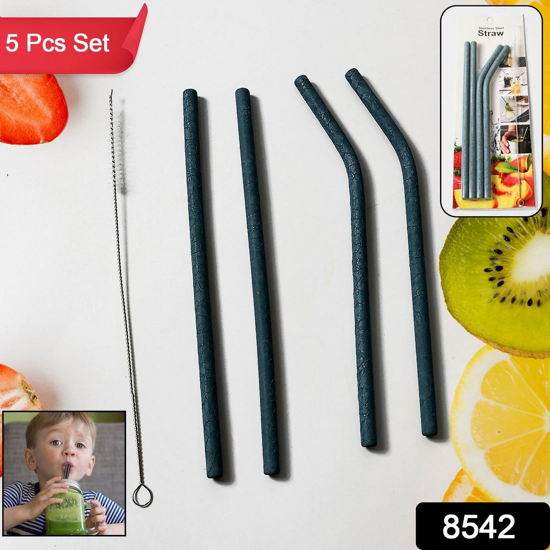 Reusable Stainless Steel Straw with cleaning Brush Long Drinking Straws for Coffee Tumbler Travel Mug Cup, Dishwasher Safe for Toddlers & Kids (5 Pcs Set) - Shopmania Wholesale