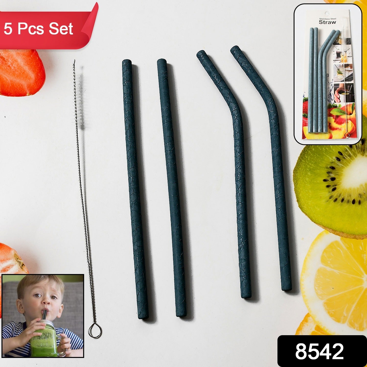 Reusable Stainless Steel Straw with cleaning Brush Long Drinking Straws for Coffee Tumbler Travel Mug Cup, Dishwasher Safe for Toddlers & Kids (5 Pcs Set) - Shopmania Wholesale