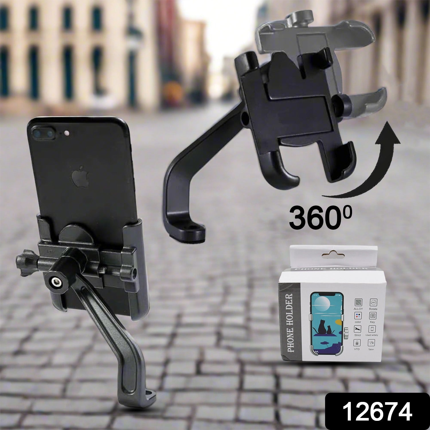 Full Metal Body Bike & Scooty 360 Degree Rotating Mobile Holder Stand for Bicycle, Motorcycle, Scooty for Maps and GPS Navigation Fits All Smartphones (1 Pc) - Shopmania Wholesale