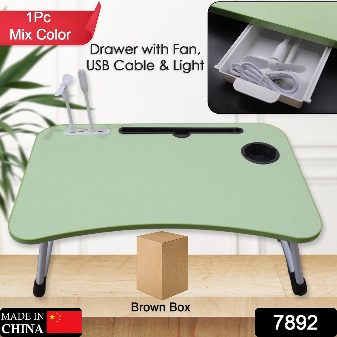 MultiPurpose Study Table Foldable Portable Notebook Bed Lap Desk Tray Stand Reading Holder with Coffee Cup Slot, Drawer, Fan, USB Cable & Light for Breakfast, Reading & Movie Watching (1 Pc Mix Color) your brand