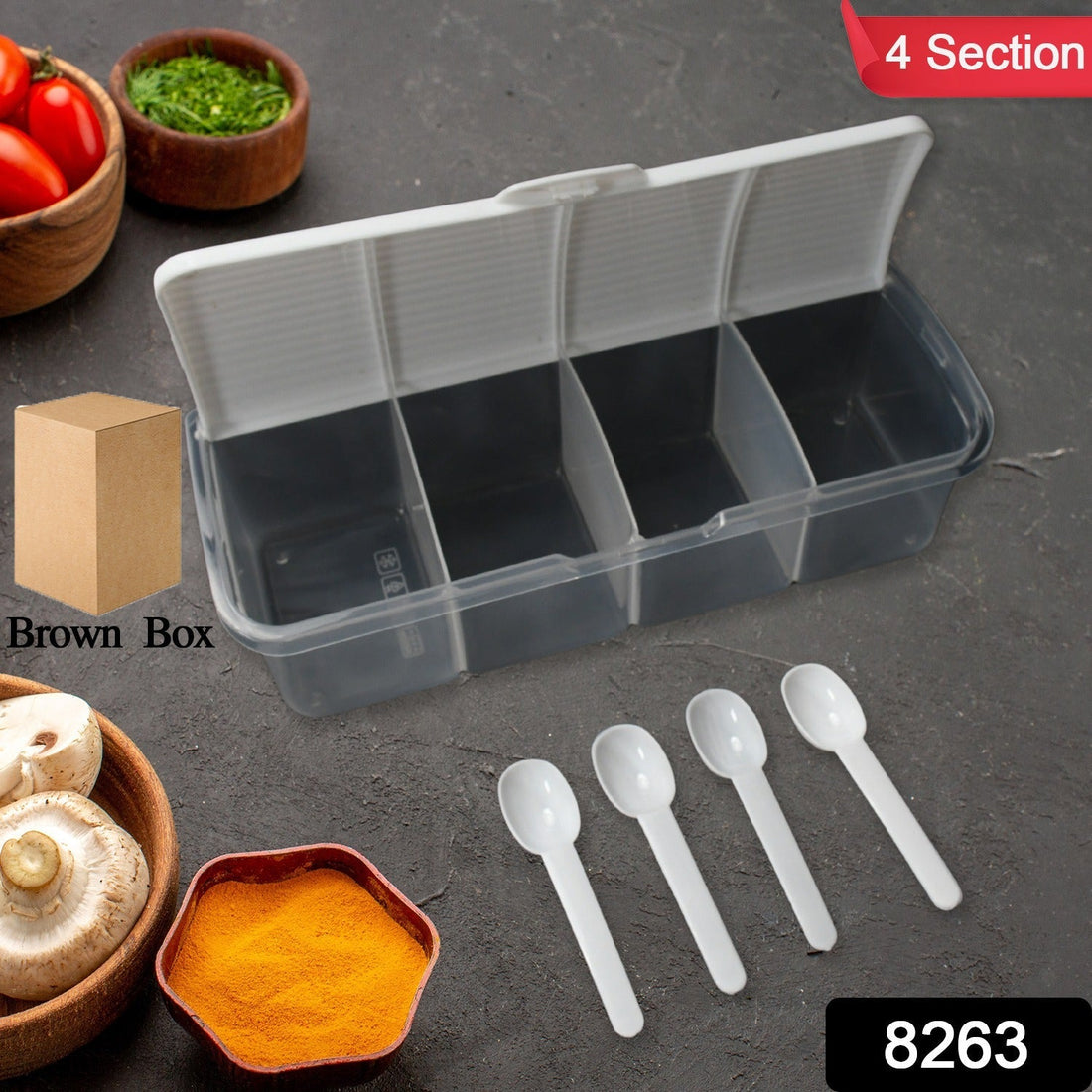 Kitchen Multipurpose Air-tight 4 Sections Storage Containers / Masala Box Pickle (Achar) Jar with 4 spoon for each section (1 Pc / Mix Color) your brand