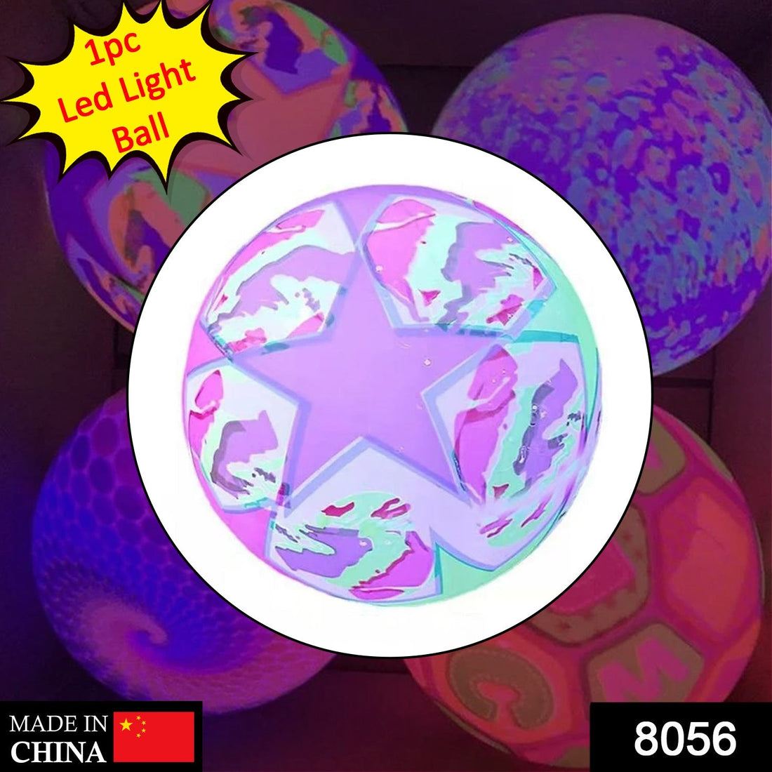 Bouncy stress reliever ball with LED lights for kids, showing its vibrant colors and texture