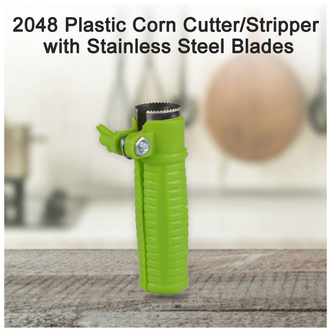 Plastic corn cutter with stainless steel blades for quick and easy corn stripping.