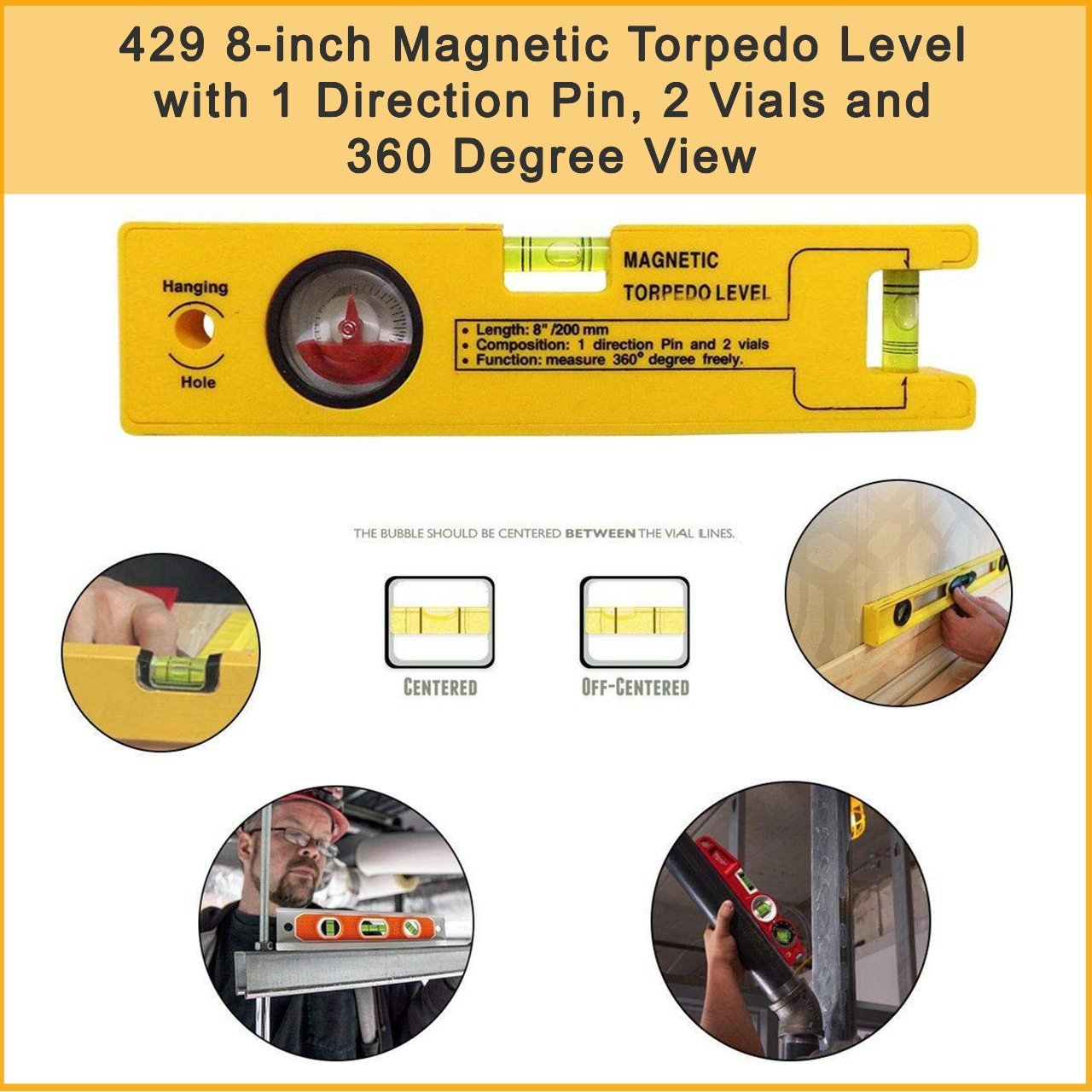 8-inch Magnetic Torpedo Level with 1 Direction Pin, 2 Vials and 360 Degree View your brand