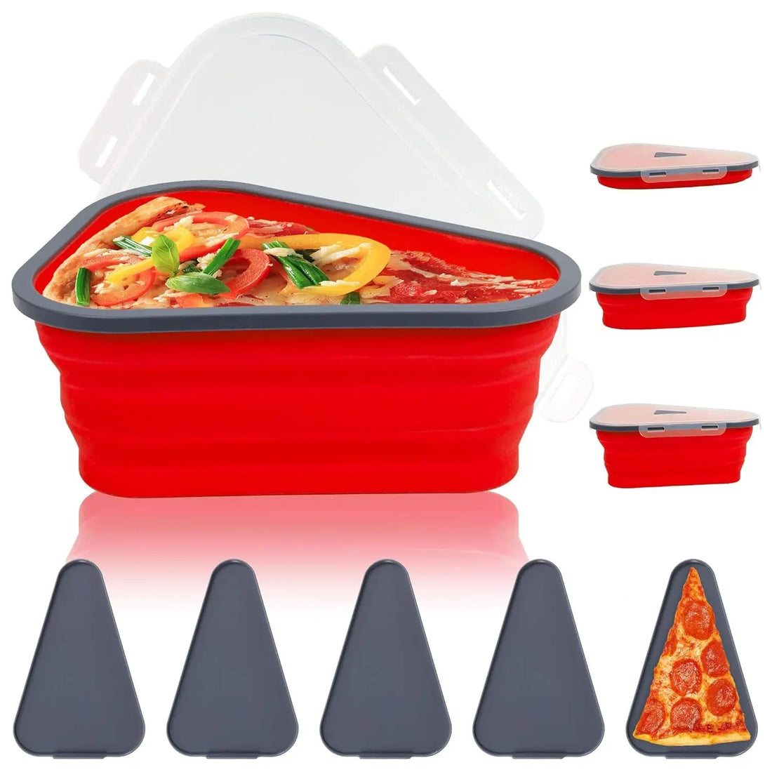 Reusable Pizza Storage Containers with 5 Microwavable Serving Trays, Silicone Container Expandable & Adjustable for Packing Pizza at home / outdoor your brand