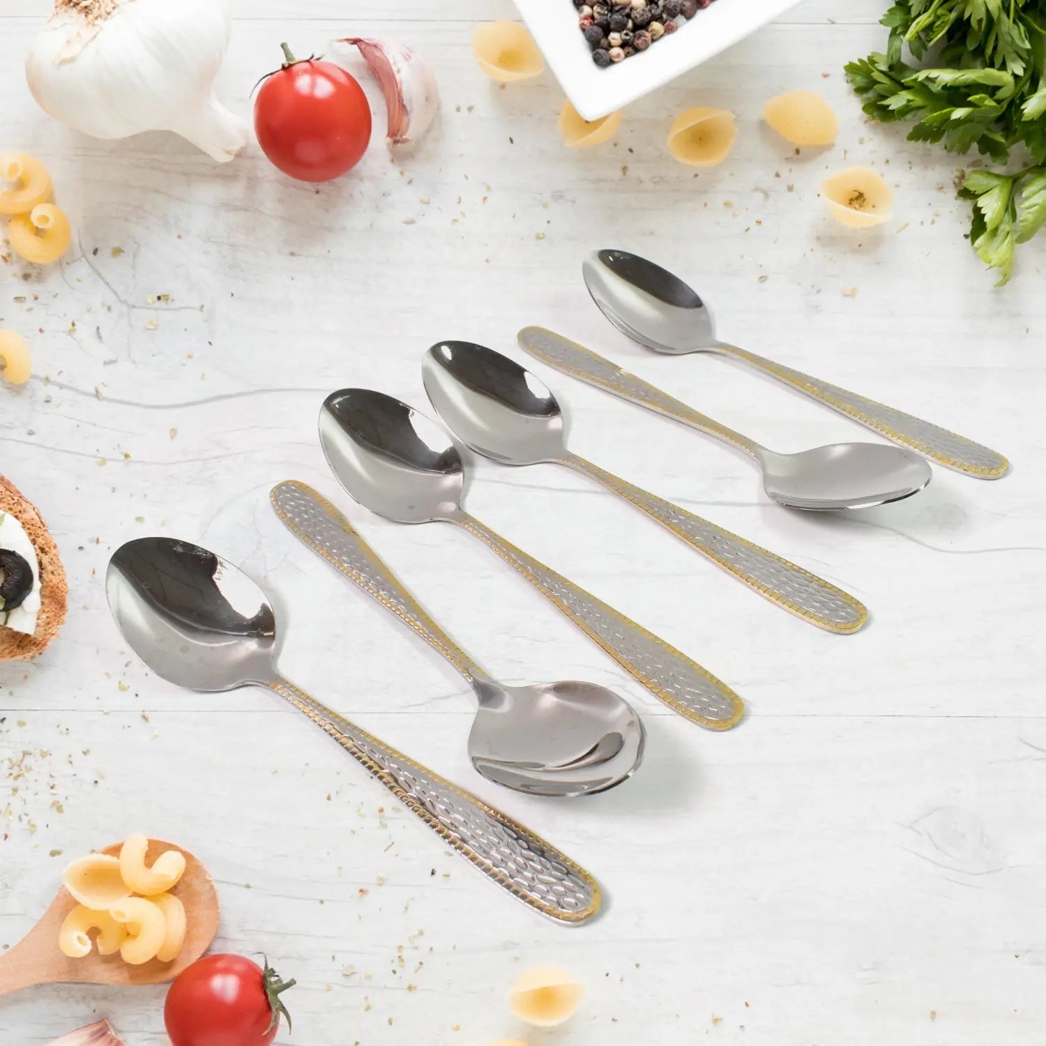 Stainless Steel Gold Bordered Textured Spoons Gold Plated Handle Set of 6 Pc your brand