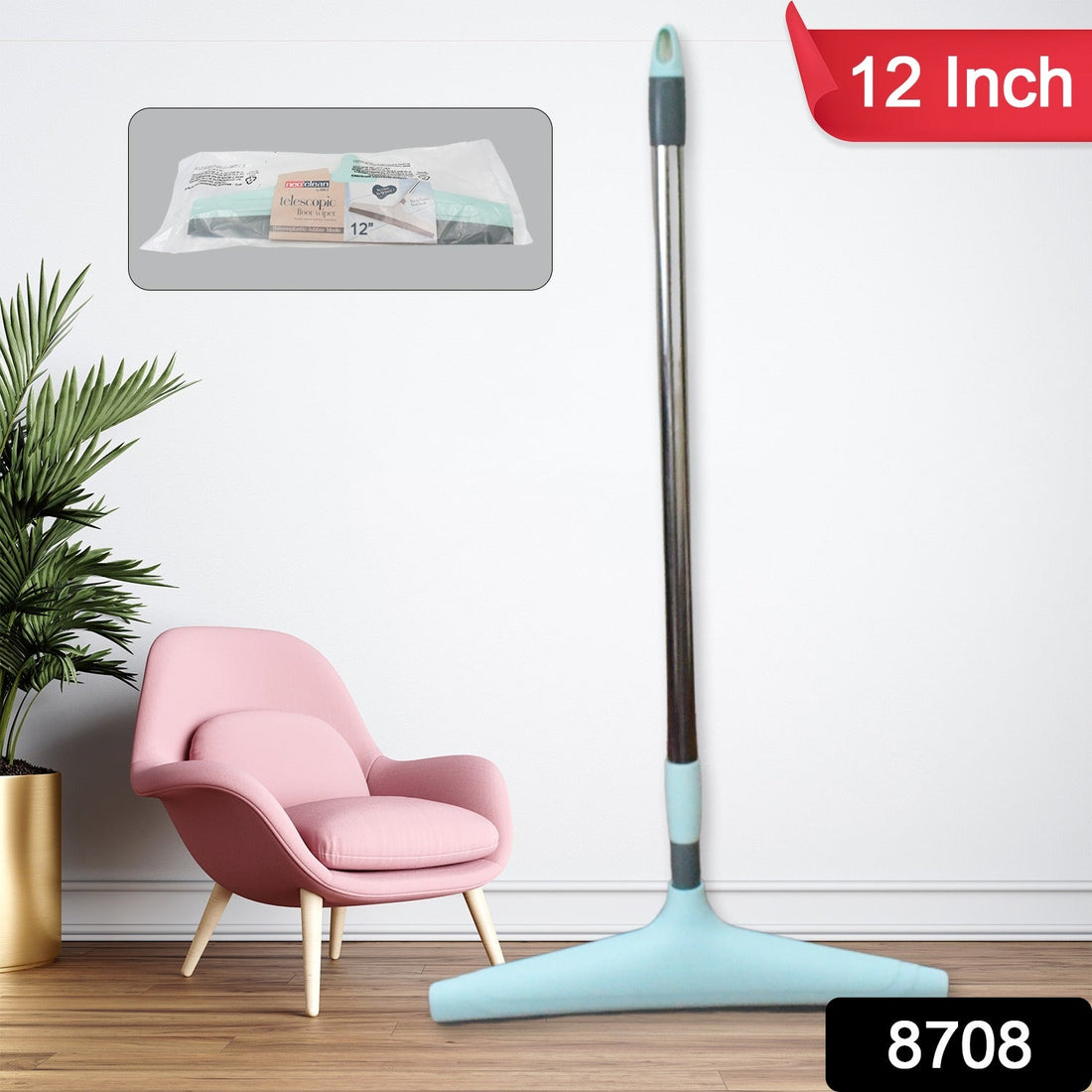 Ganesh telescopic bathroom wiper, 12 inch (30 cm), shown from various angles.