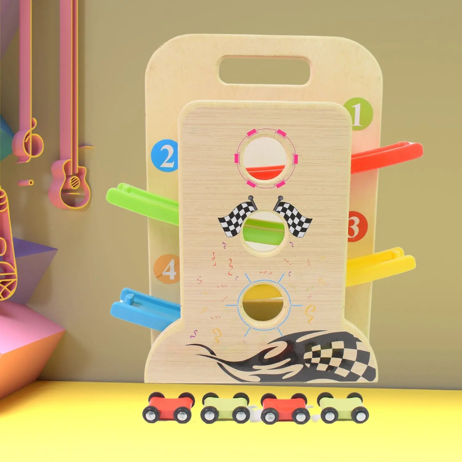 Wooden Ramp Racer Race Track Vehicle Play sets With 4 Mini Racers (with Handle) your brand