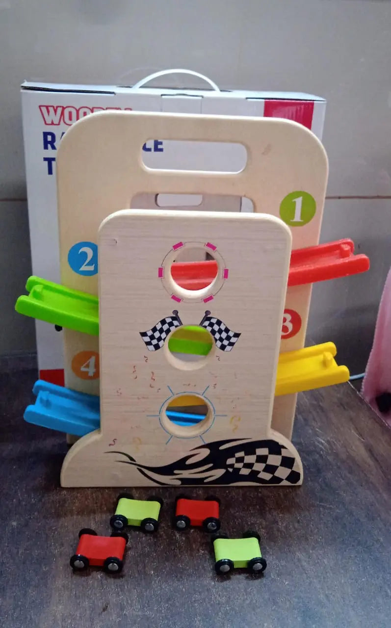 Wooden Ramp Racer Race Track Vehicle Play sets With 4 Mini Racers (with Handle) your brand