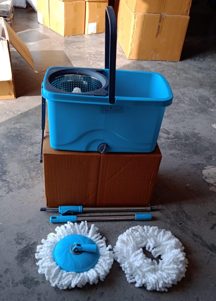 Spin mop with easy-wheels and large plastic bucket, ideal for floor cleaning