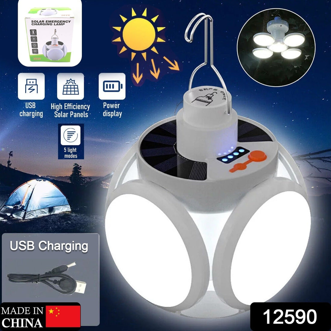 Solar Multi-Functional Emergency LED Light Bulb with USB Charging, LED camping lamp, camping lamp, USB rechargeable, 5 brightness light modes, foldable camping light, SOS IP65 waterproof camping light, blackout emergency equipment, camping gadgets your brand