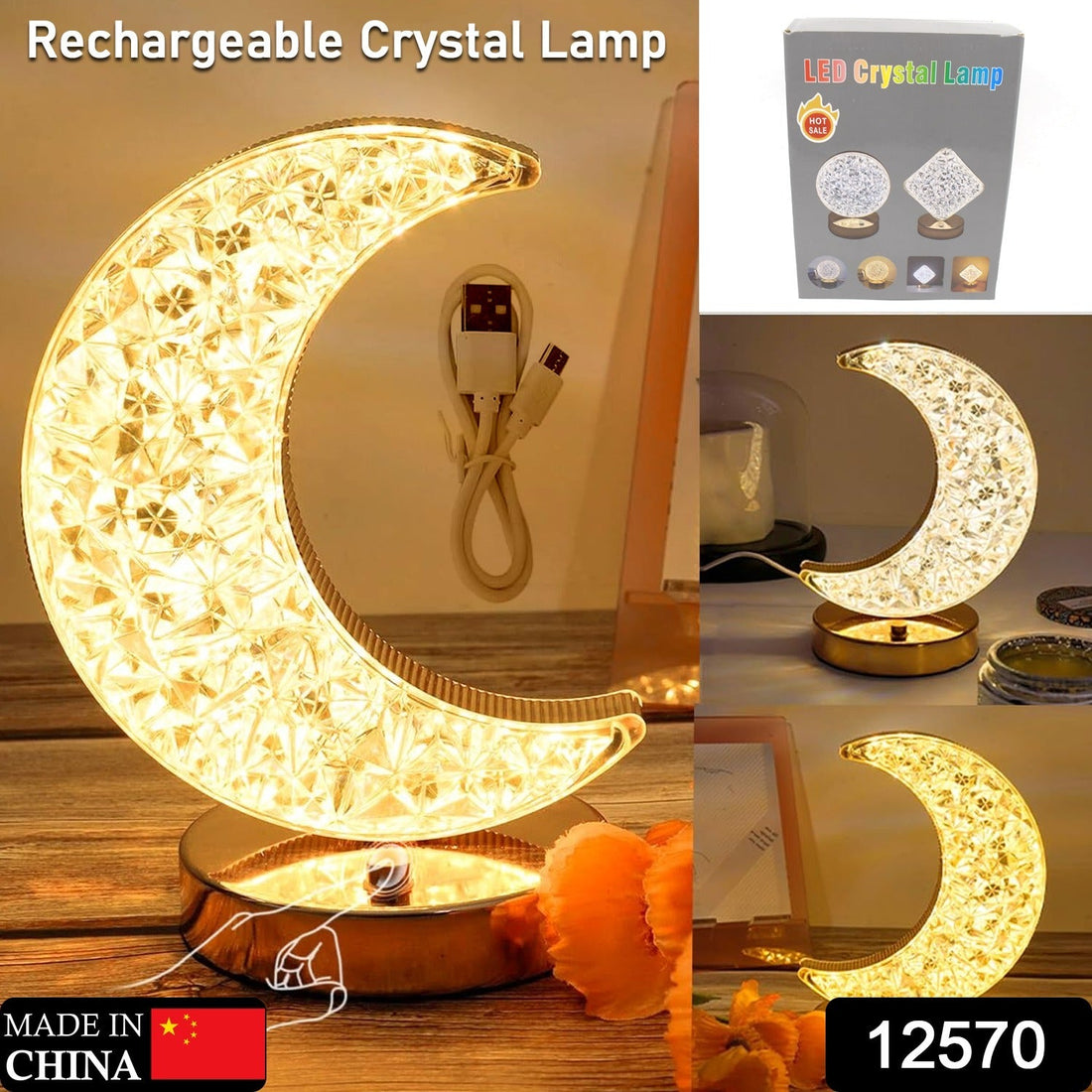 Crystal Table Lamp | Moon Shape Touch Control Lamp with 3 Color | Metal Bedside Lamp for Kids Bedroom Romantic Desktop Nightstand | Stepless Dimming USB Charging Touch Night Light - Shopmania Wholesale