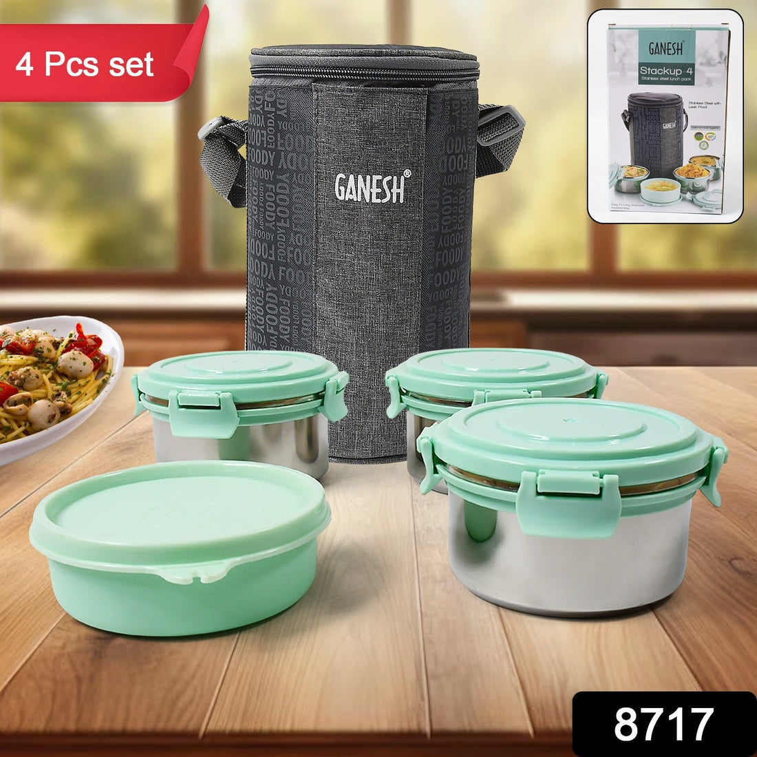 Ganesh 4In1 Tiffin Box-Lunch Box | 3 Stainless Steel Containers 300 Ml Approx & Plastic Salad Container 200 Ml Approx| Plastic lid Box | Round Zip Bag | Leak Proof | Microwave Safe for Office, College and School for Men, Women  your brand