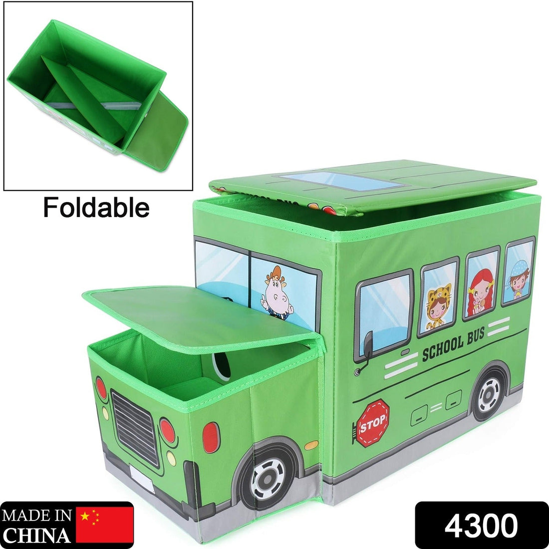 Foldable bus-shaped toy storage box with lid for kids' toys and books