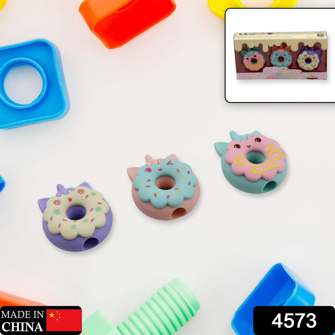 Colorful cartoon donut erasers for kids