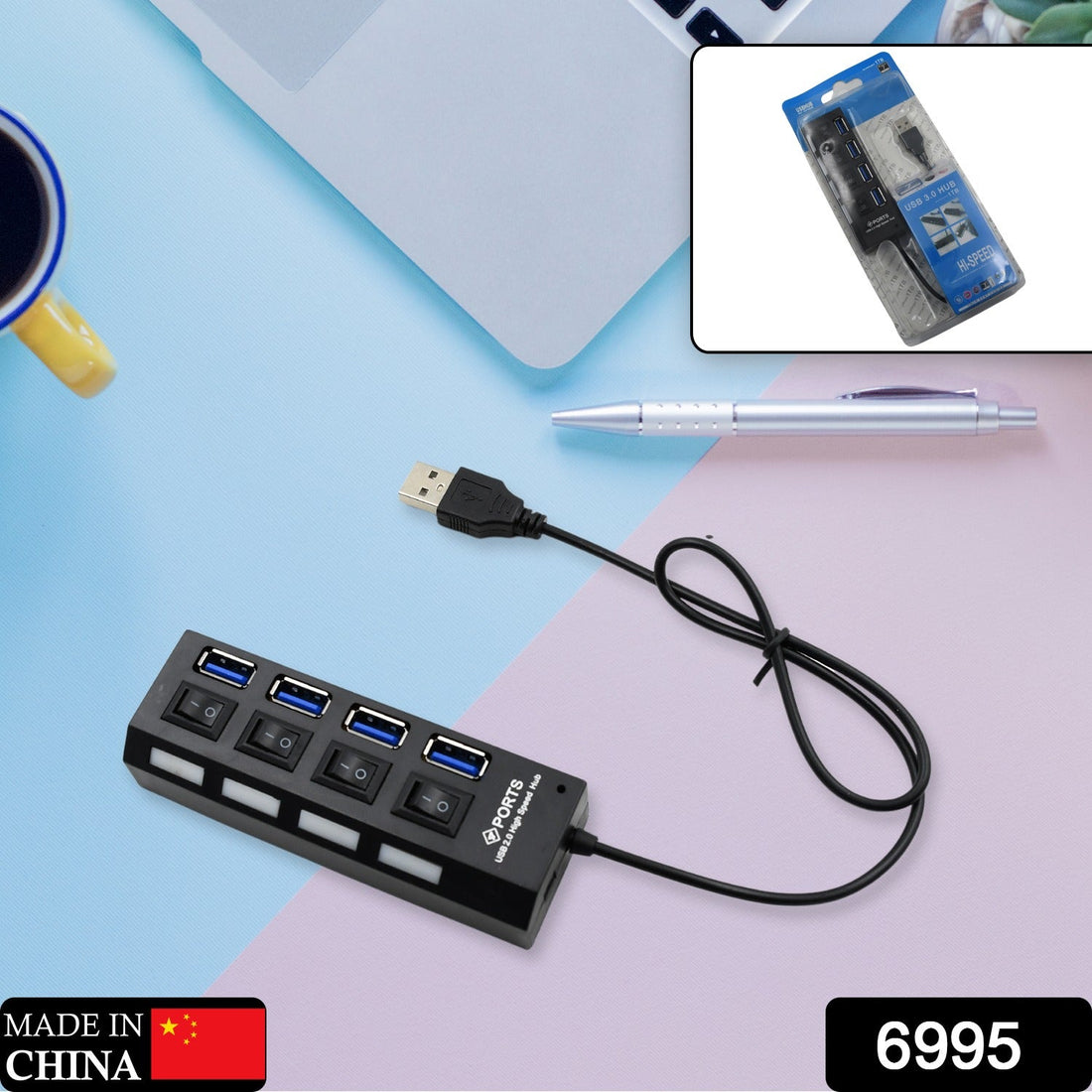 4-port USB hub with on/off switches and LED indicators