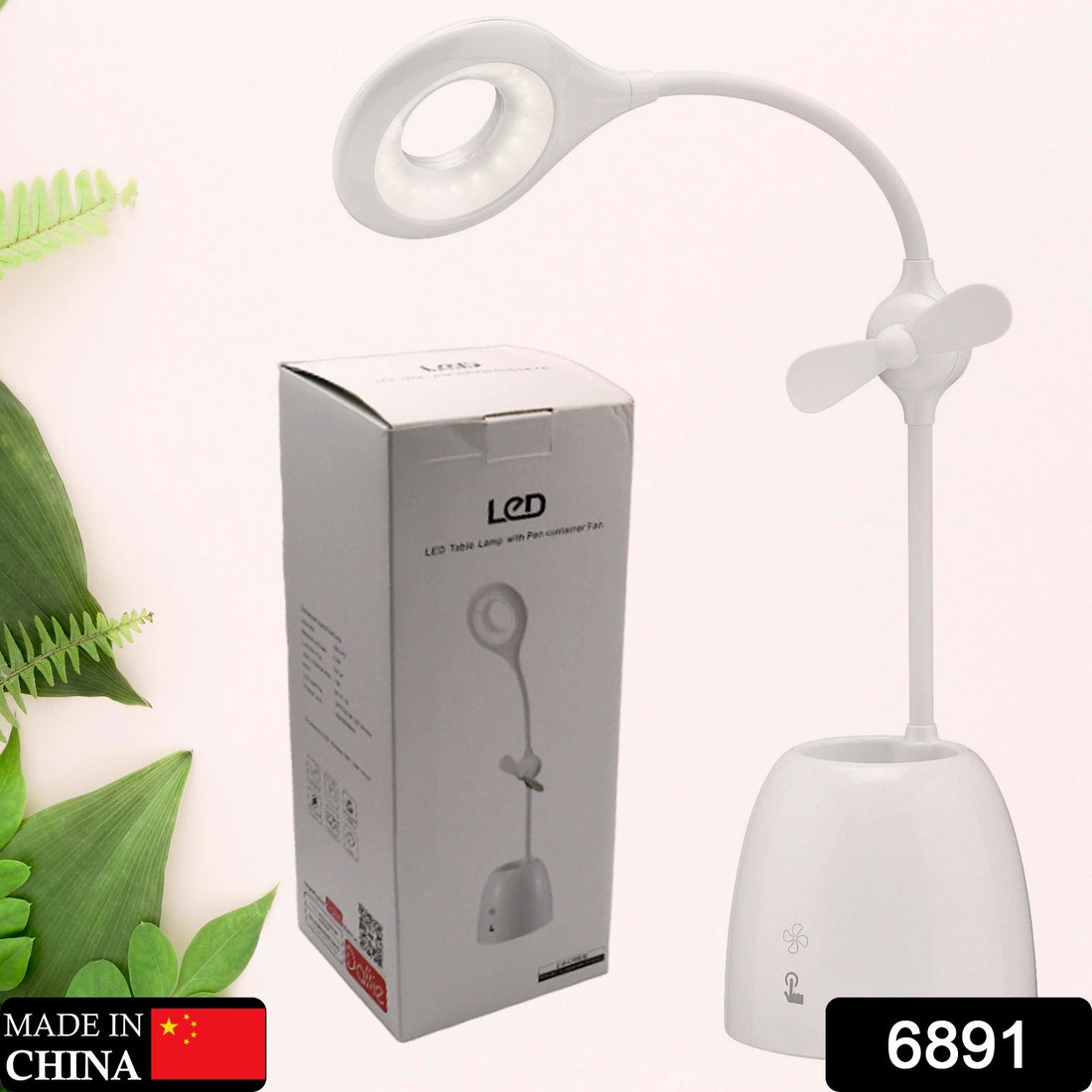Rechargeable LED desk lamp with fan and pen holder, ideal for study and office.