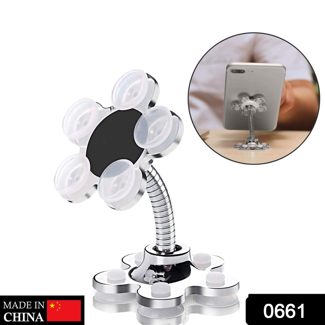 360-degree rotatable phone holder with suction cups.