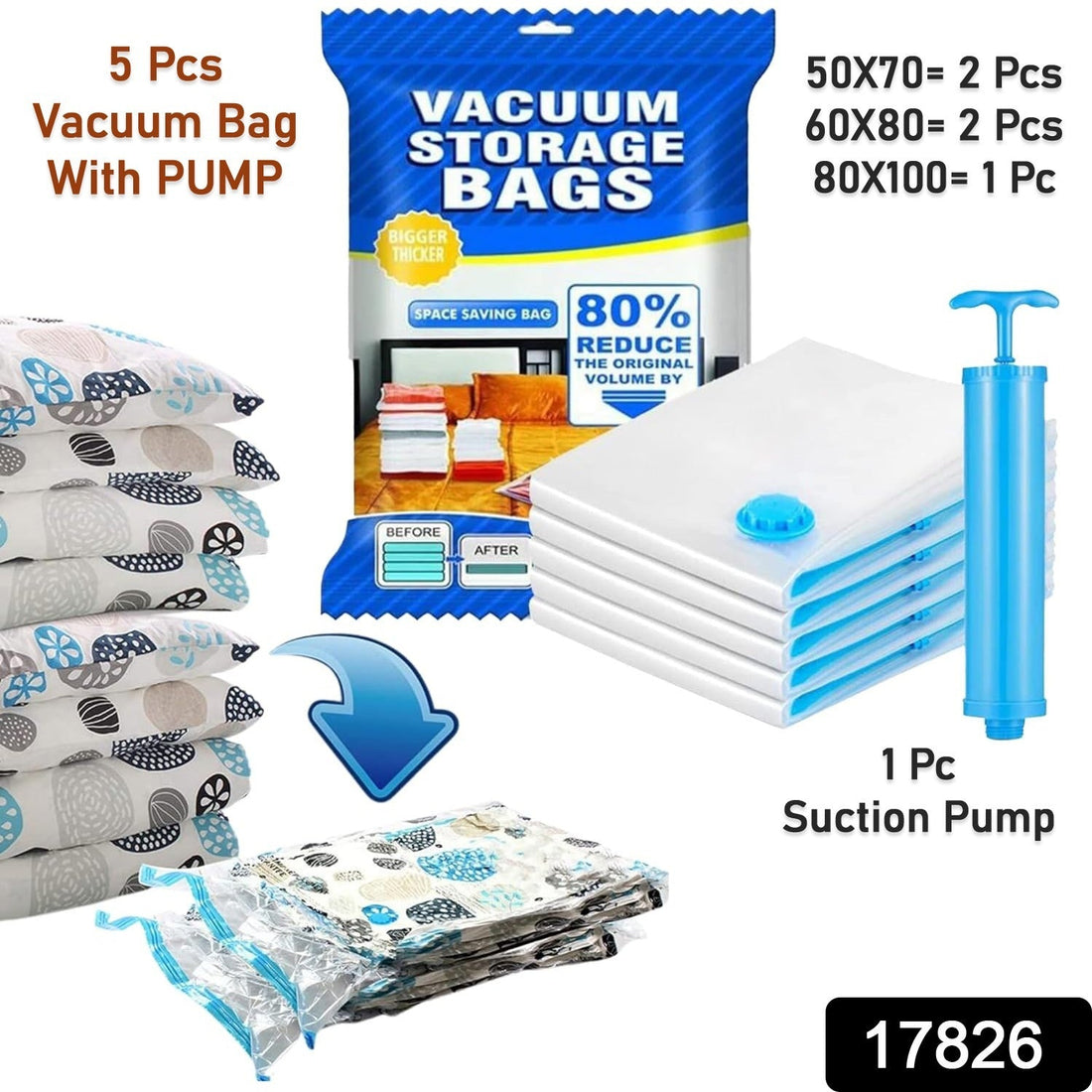 Vacuum Storage Bags with Suction Pump & Shirt clips - Vacuum Bags - Big Capacity Vacuum Seal Bags for Travel Clothes Blankets Pillows, Compression Bags | Space Saver Vacuum Storage Bags (5 Pcs Set) - Shopmania Wholesale