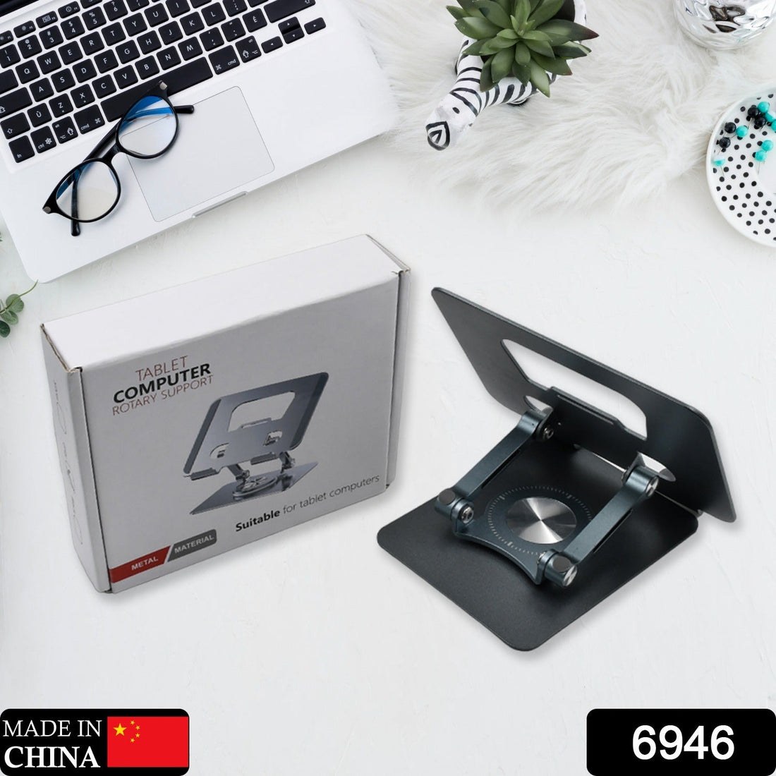 Ergonomic 360° rotating tablet stand with adjustable height, perfect for desk use.