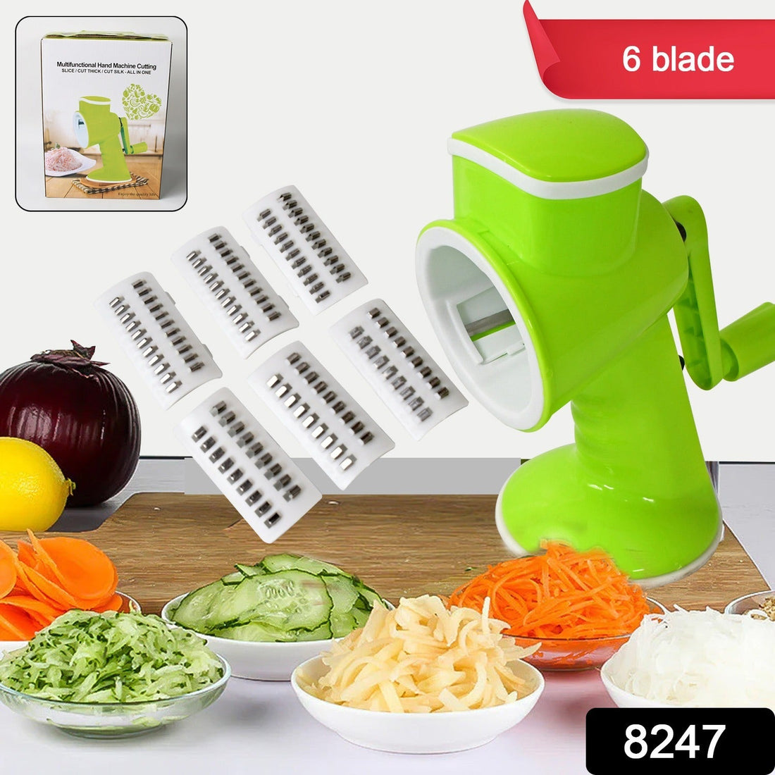 6 in 1 Multi functional Vegetable Cutter & Slicer Hand Machine Cutting, Slice, Cut Thick, Cut Silk All in one –Vegetable Chopper Cutter & Slicing Cutter Barrel - Vegetable Grater with 6 Removable Blades - Shopmania Wholesale
