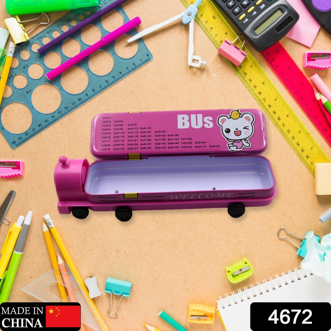 Double decker bus-shaped pencil case with sharpener.