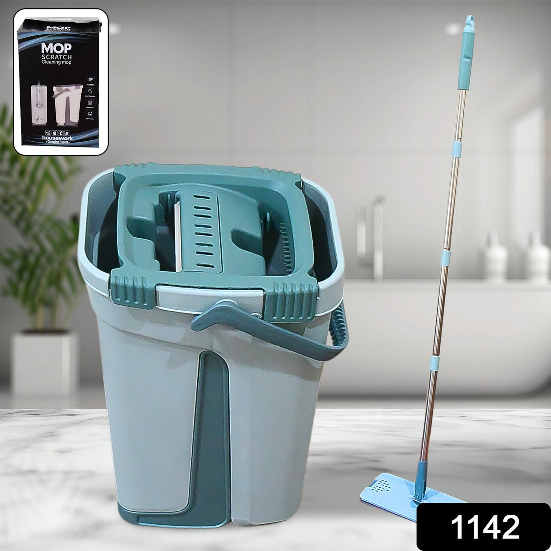 Scratch cleaning mop with self-cleaning feature and hands-free use.