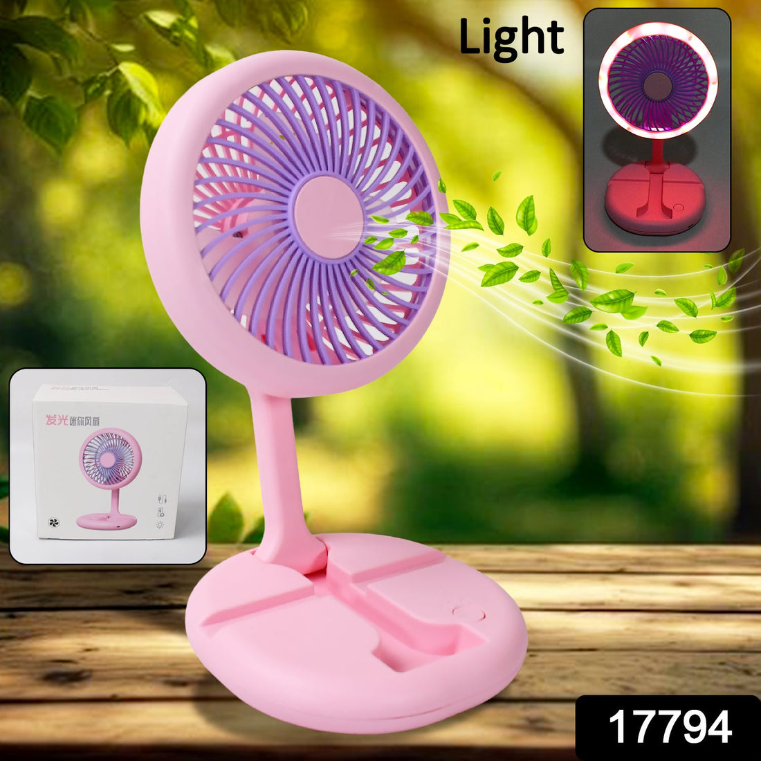 USB Rechargeable Portable Fan With LED Light Heavy Duty & Foldable Fan With Charging Port Home, Outdoor, Temple - Shopmania Wholesale